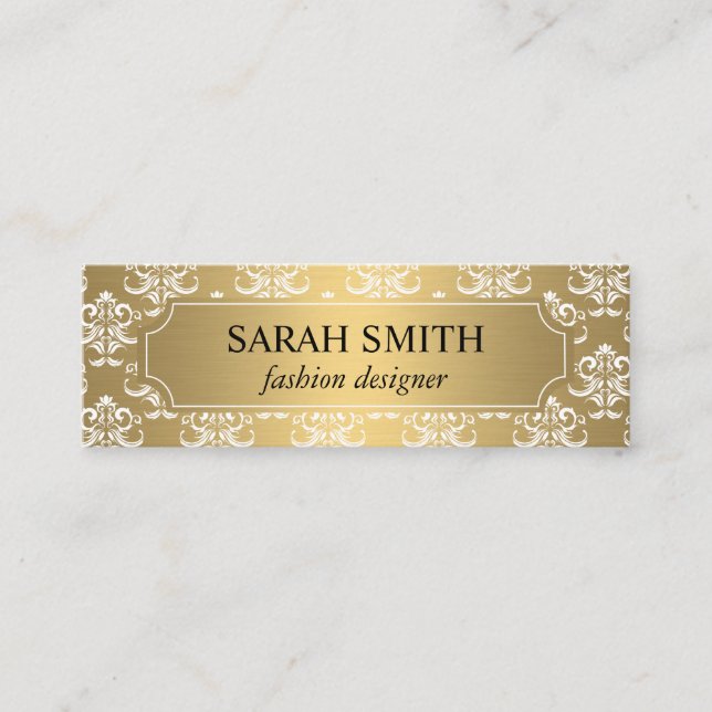 Elegant Damask / Gold Metallic Mini Business Card (Front)