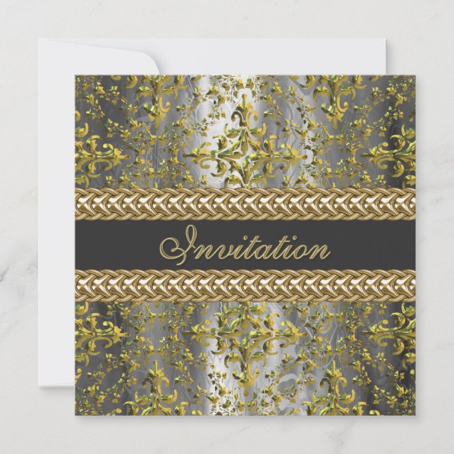 Elegant Damask Gold Silver Gray Party Invite (Front)