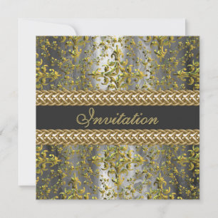 Elegant Damask Gold Silver Gray Party Invite
