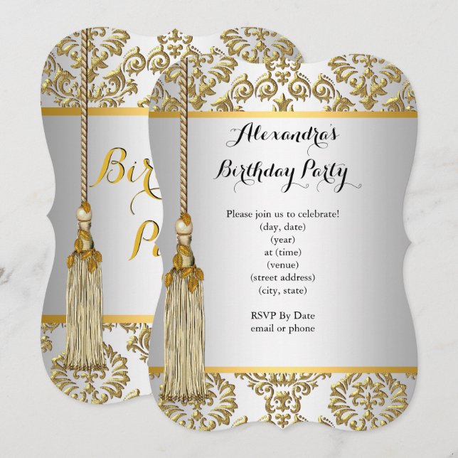 Elegant Damask Gold Silver White Birthday Party Invitation (Front/Back)