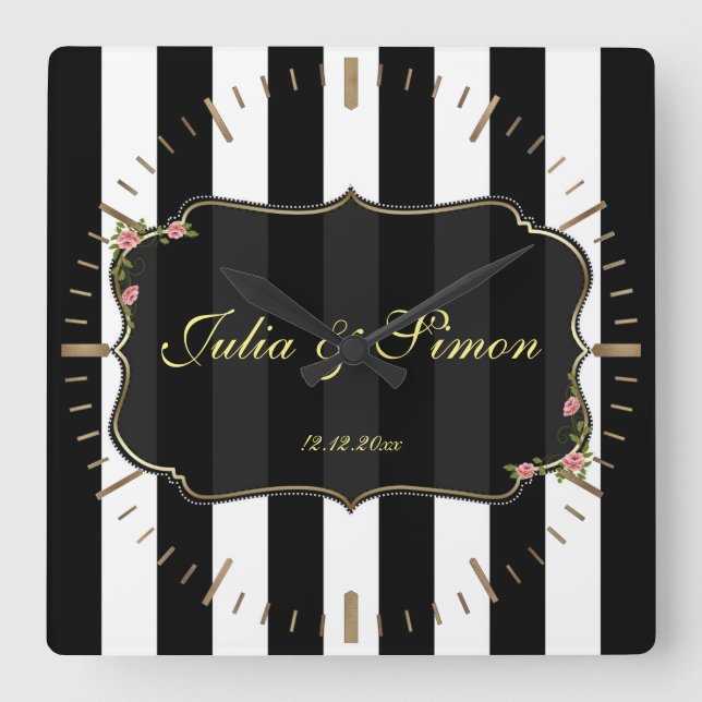 Elegant Damask Golden Design Custom Monogram Square Wall Clock (Front)