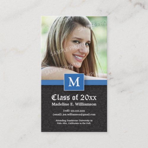 Elegant Damask Graduation Status Card (blue) Business Card