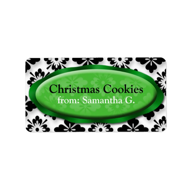 Elegant Damask Green Christmas Cookies Labels (Front)
