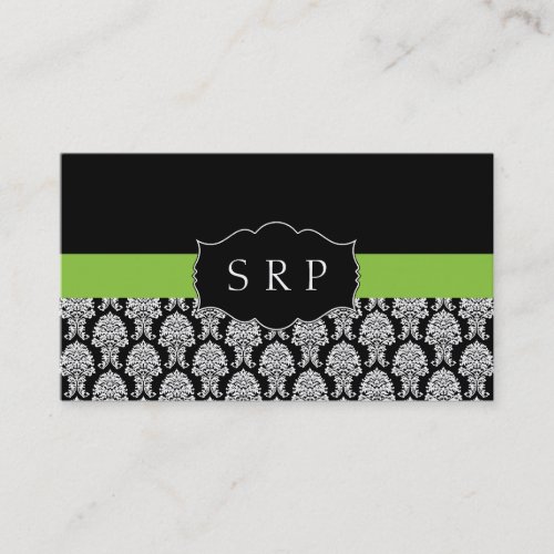 Elegant Damask Green Monogram Business Card