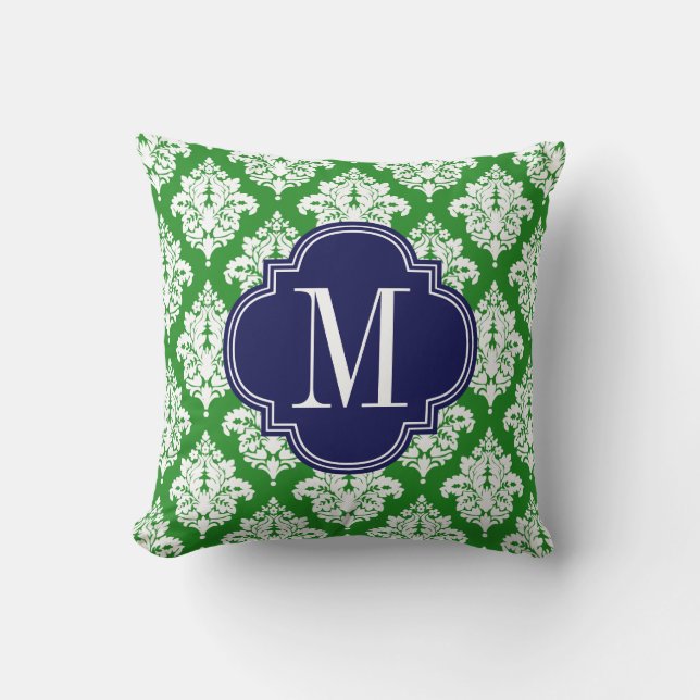 Elegant Damask Green & Navy Custom Monogrammed Throw Pillow (Front)