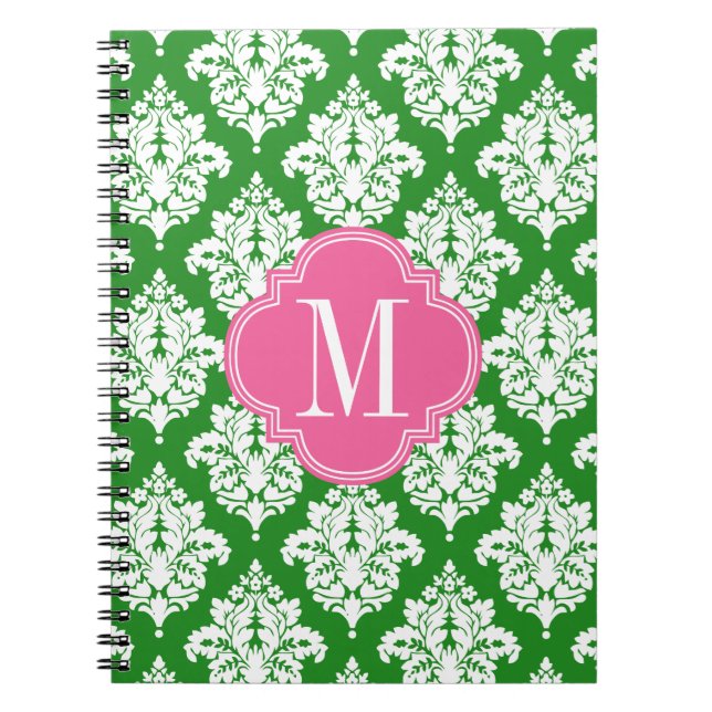 Elegant Damask Green & Pink Custom Monogrammed Notebook (Front)