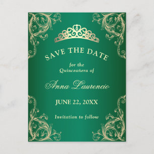 Elegant Damask Green Quinceanera Save The Date Postcard