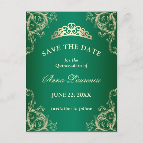 Elegant Damask Green Quinceanera Save The Date Postcard