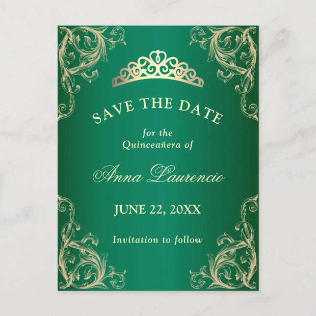 Elegant Damask Green Quinceanera Save The Date Postcard (Front)