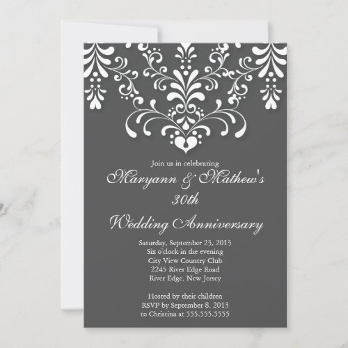 Elegant Damask Grey Wedding Anniversary Invitation
