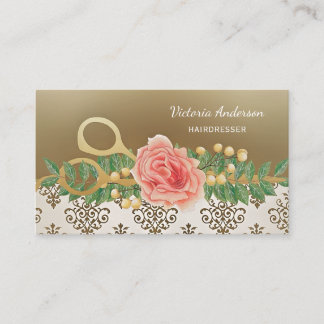 Elegant Damask Hairdresser Vintage Rose Scissors Business Card