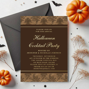 Elegant Damask Halloween Cocktail Party Gold Foil Invitation