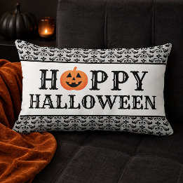 Elegant Damask Happy Halloween Orange Pumpkin Lumbar Pillow