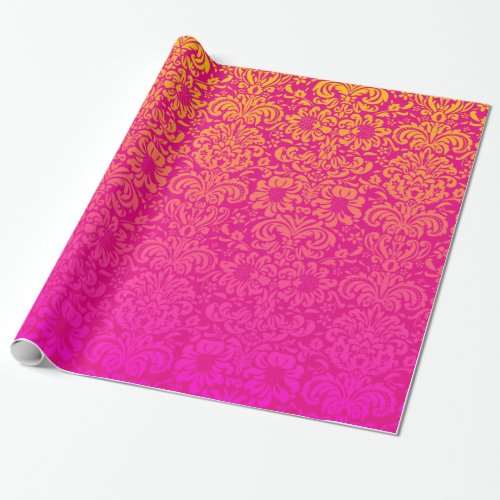 Elegant Damask Hot Pink and Orange Wrapping Paper