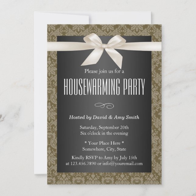 Elegant Damask Ivory Ribbon Housewarming Party Invitation (Front)