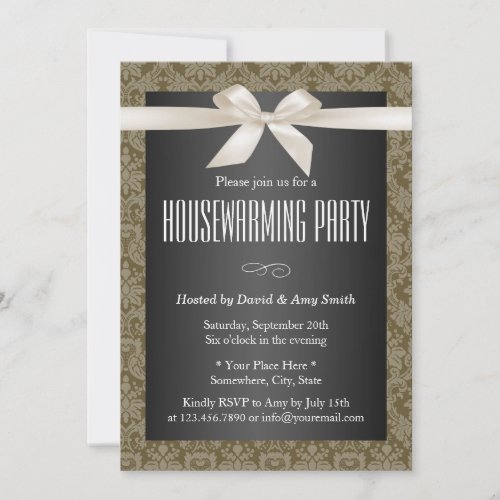 Elegant Damask Ivory Ribbon Housewarming Party 5x7 Paper Invitation Card