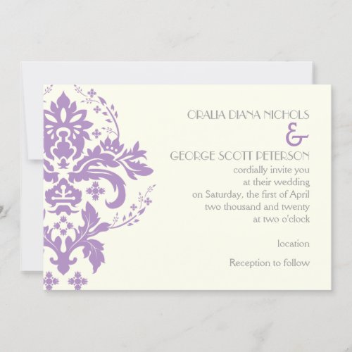 Elegant damask lavender, grey, ivory wedding custom invitation