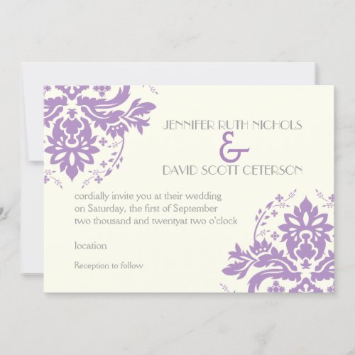 Elegant damask lavender, grey, ivory wedding invitations