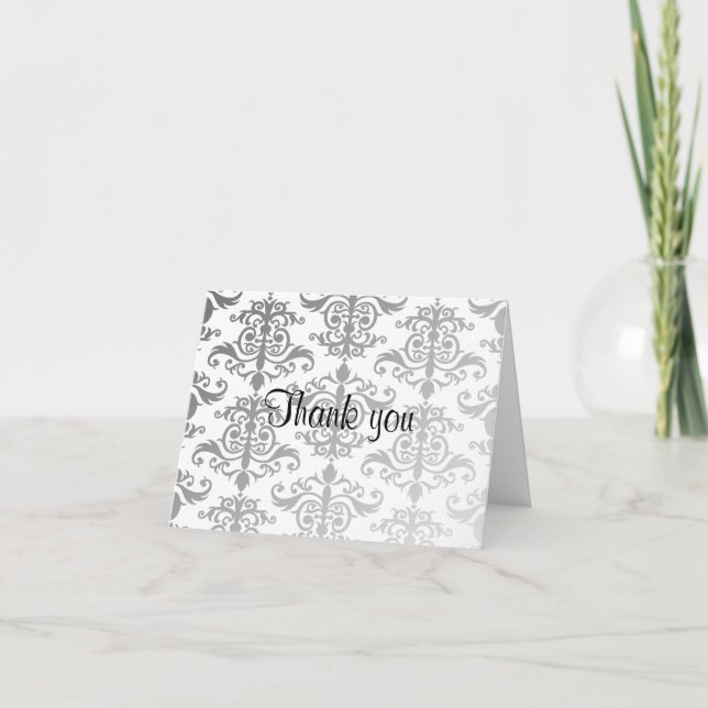 Elegant damask light gray wedding thank you (Front)