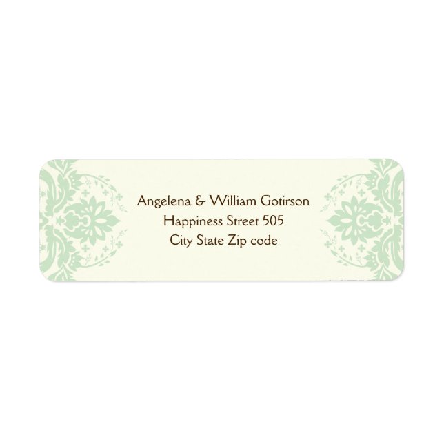Elegant damask mint green, brown, ivory wedding label (Front)
