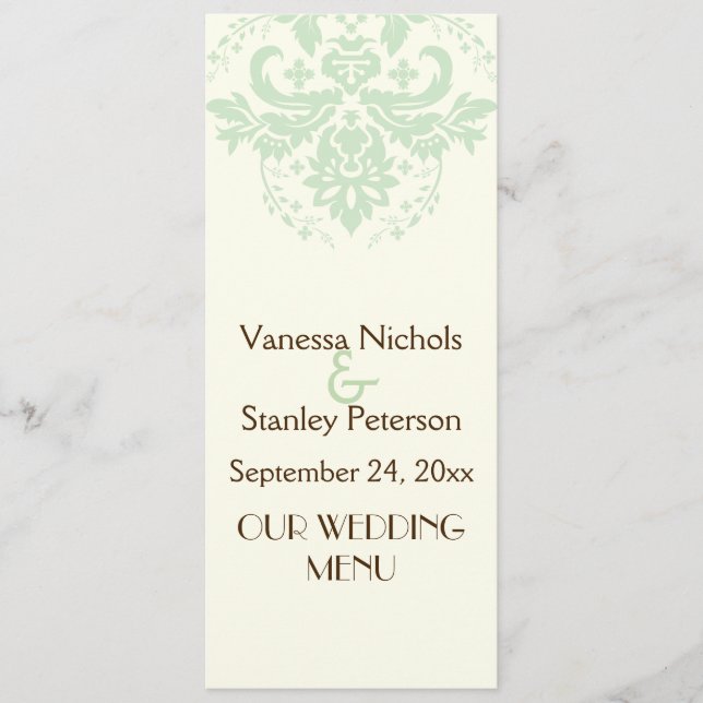 Elegant damask mint green, ivory wedding menu card (Front)