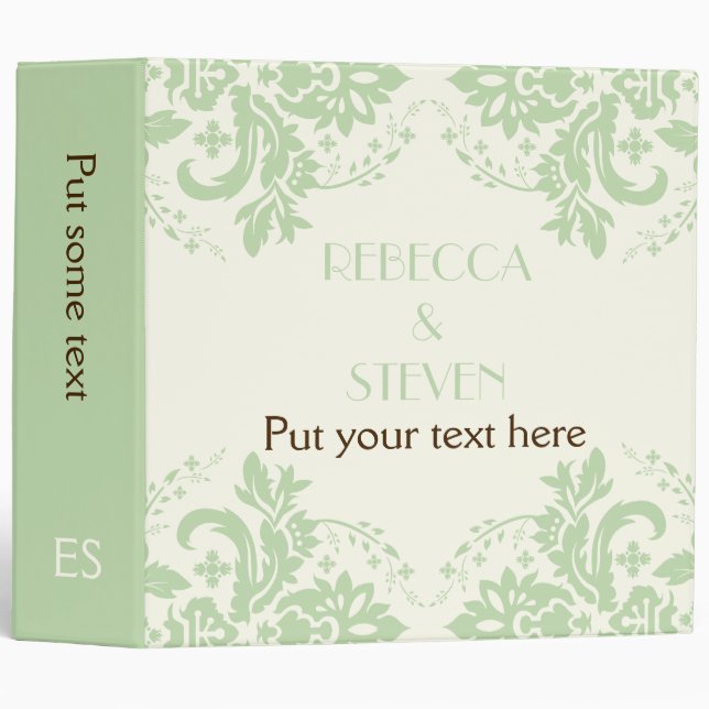 Elegant damask mint green, ivory wedding planner binder (Front/Spine)