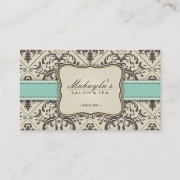 Elegant Damask Modern Brown  Green And Beige Business Card by eatlovepray at Zazzle