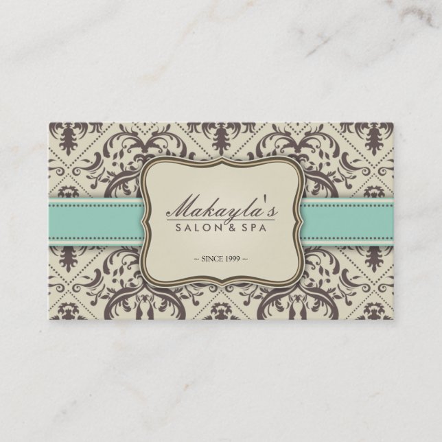 Elegant Damask Modern Brown, Green and Beige Business Card (Front)
