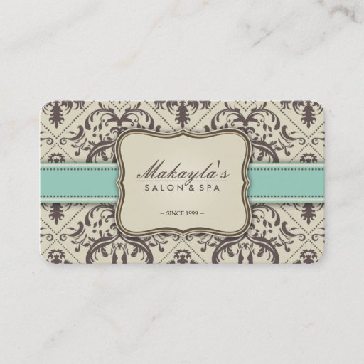 Customizable Elegant Damask Modern Brown, Green and Beige Business Cards