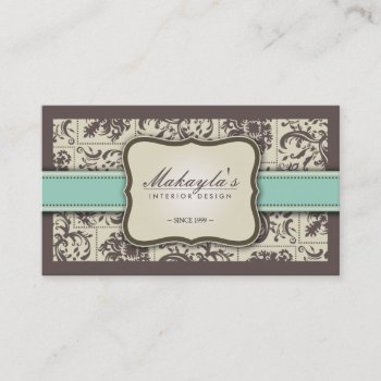 Elegant Damask Modern Brown  Green And Beige Business Card by eatlovepray at Zazzle