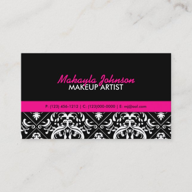 Elegant Damask Modern & Stylish Makeup Artist Business Card (Front)