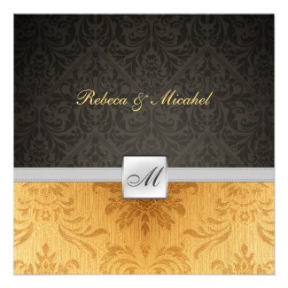 Elegant Damask Monogram black and gold Wedding Personalized Announcements