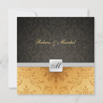 Elegant Damask Monogram Black And Gold Wedding Invitation by weddingsNthings at Zazzle