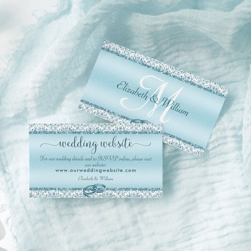 Elegant Damask Monogram Blue Wedding Website Enclosure Card