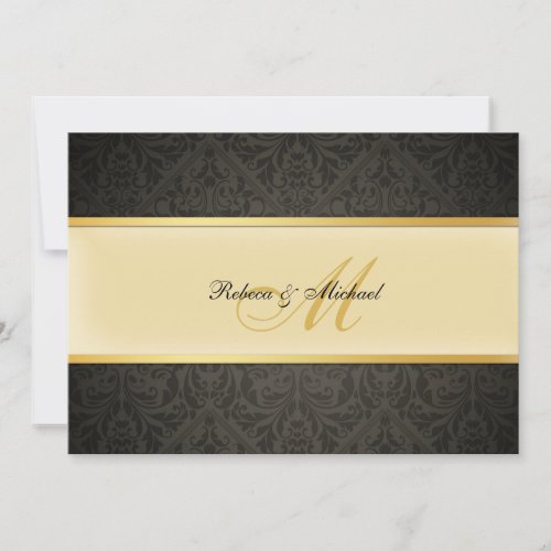 Elegant Damask Monogram Wedding Black and Gold Invites