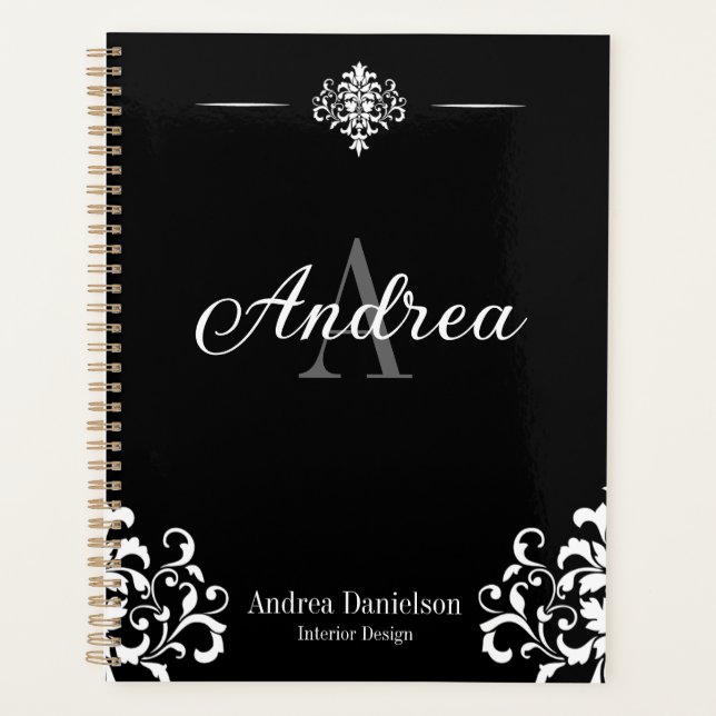 Elegant Damask Monogrammed Black and white Office Planner (Front)