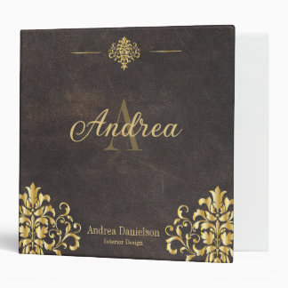 Elegant Damask Monogrammed Gold and Leather Office 3 Ring Binder