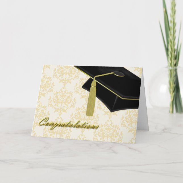 Elegant Damask & Mortarboard Graduation Card (Front)
