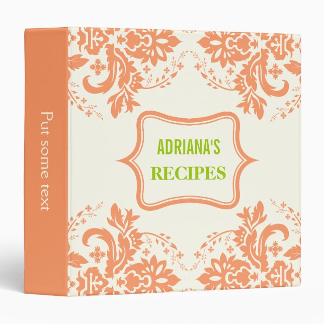Elegant damask motif coral, green, ivory recipe 3 ring binder (Front/Spine)