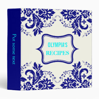 Elegant damask motif navy blue, aqua, ivory recipe 3 ring binder