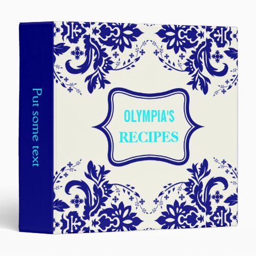 Elegant damask motif navy blue aqua ivory recipe 3 ring binder