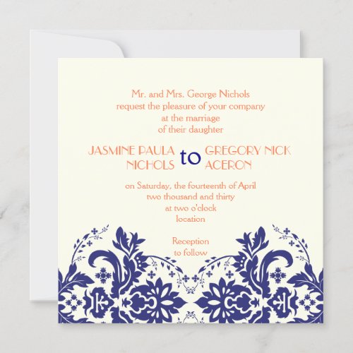 Elegant damask motif navy blue, coral wedding personalized invitation