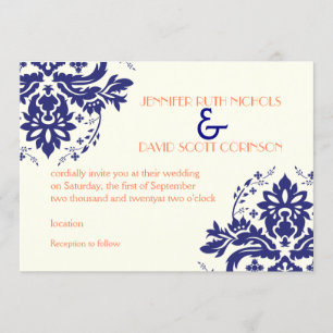 Elegant damask motif navy blue, coral wedding invitation