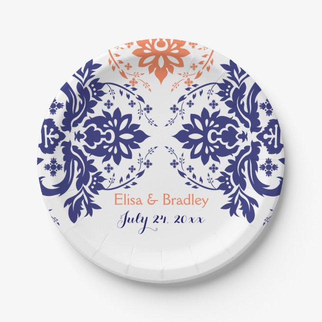Elegant damask motif navy blue, coral wedding paper plates (Front)