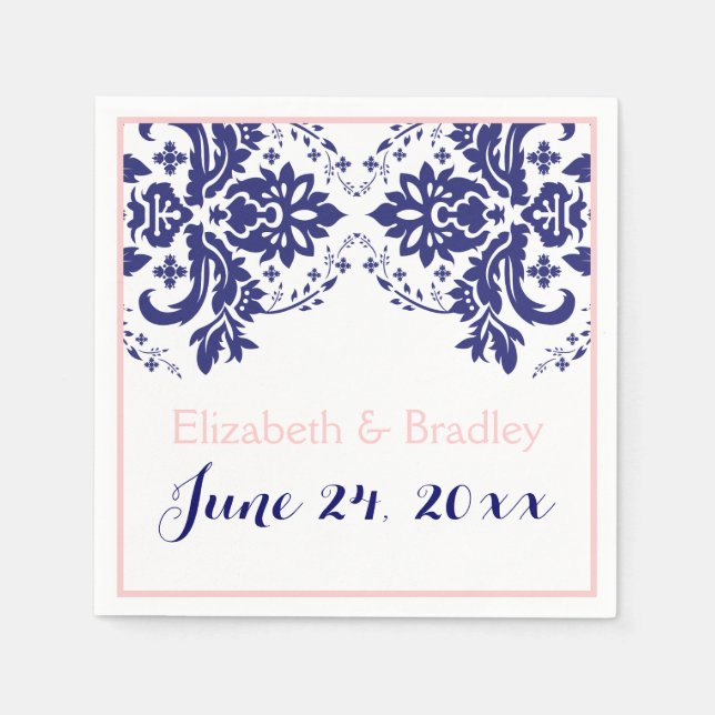 Elegant damask motif navy blue, pink wedding paper napkins (Front)