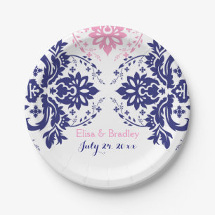 Elegant damask motif navy blue, pink wedding paper plates