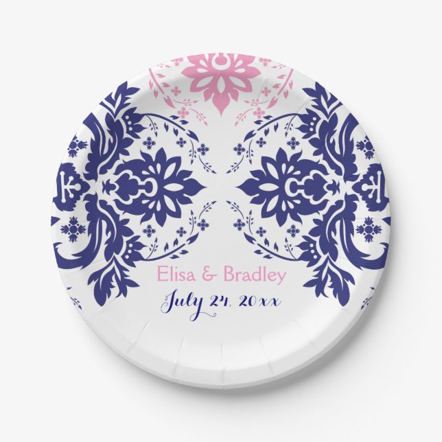 Elegant damask motif navy blue, pink wedding paper plates (Front)
