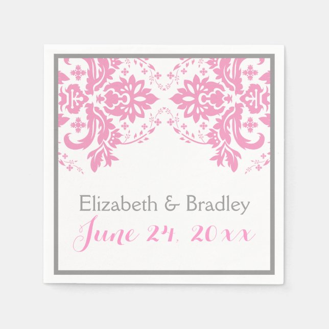 Elegant damask motif pink, grey wedding paper napkins (Front)
