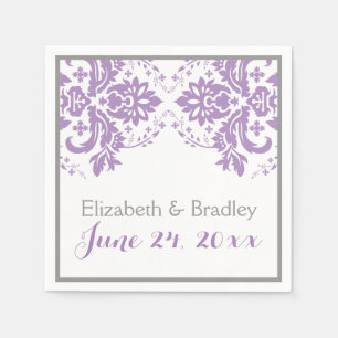 Elegant damask motif purple, grey wedding paper napkins