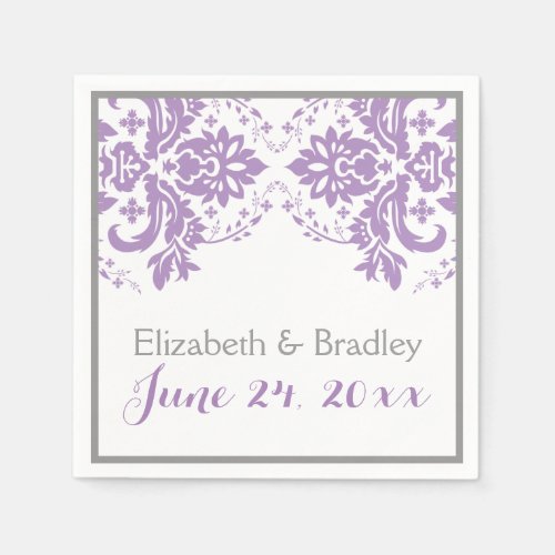 Elegant damask motif purple grey wedding paper napkins